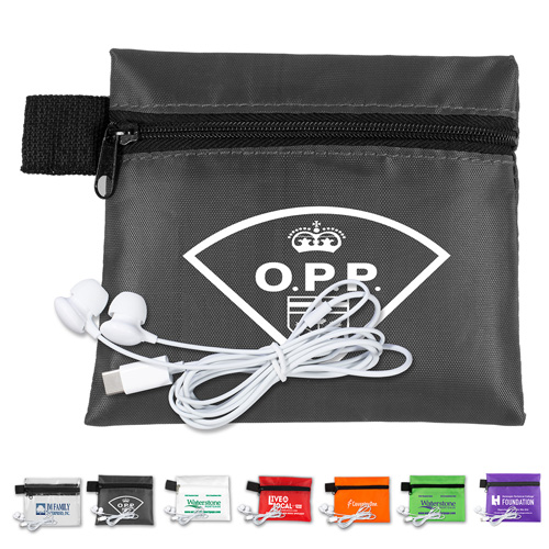 “ZipTune” Mobile Tech Earbud Kit In Zipper Pouch Components inserted into Polyester Zipper Pouch